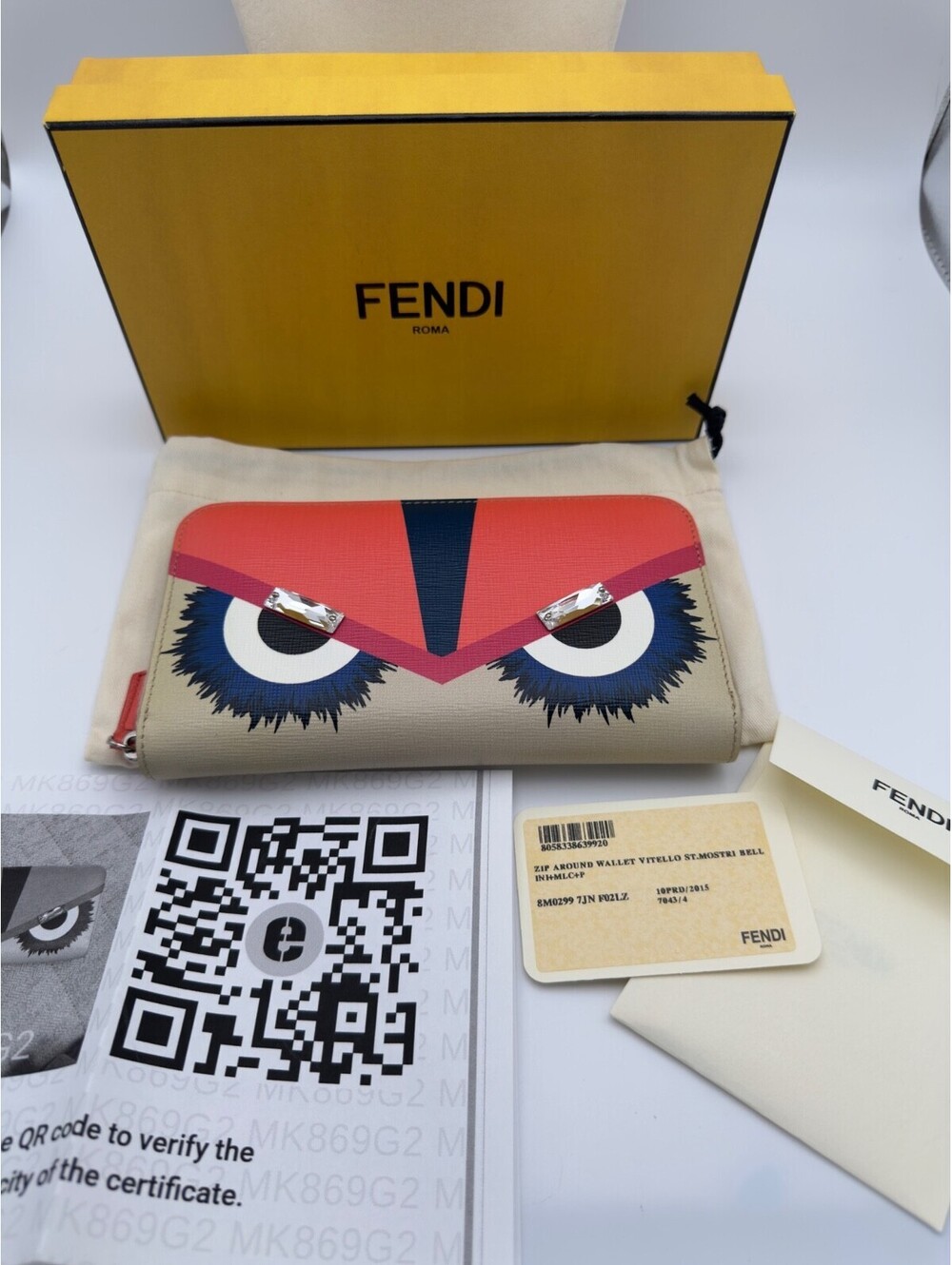 Authentic FENDI Vitello Elite Crystal Eye Monster Zip Around Wallet Box Dusty